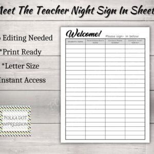 Meet the Teacher Night Sign In Sheet for Parent or Guardians